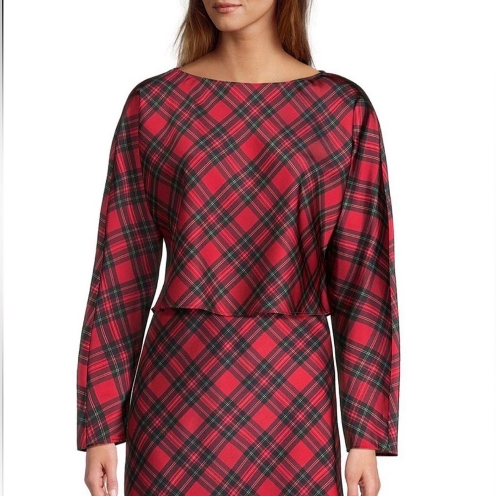 NWT Antonio Melani Plaid Crop Top Boat Neck Long Sleeve S